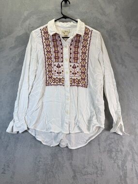 Style & Co. Spring Top White Button-Front Blouse Burgundy and Gold Embroidery